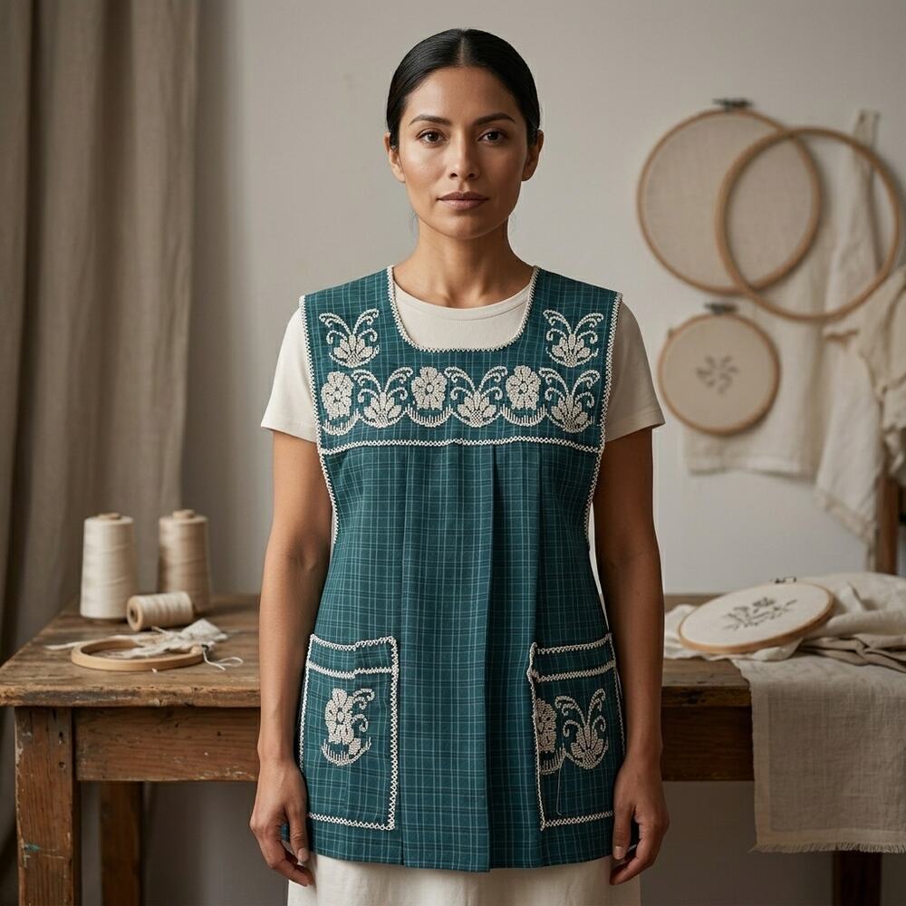 Traditional Mexican Cross-Stitch Embroidered Apron – Deluxe Artisan Smock Style